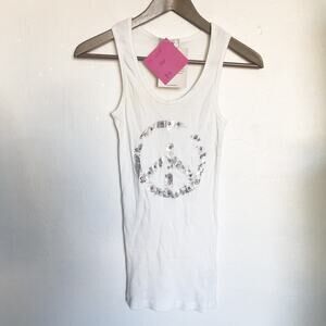 NWT Vintage Y2K Peace Rhinestone Ribbed Fitted Tank Top White Silver Medium